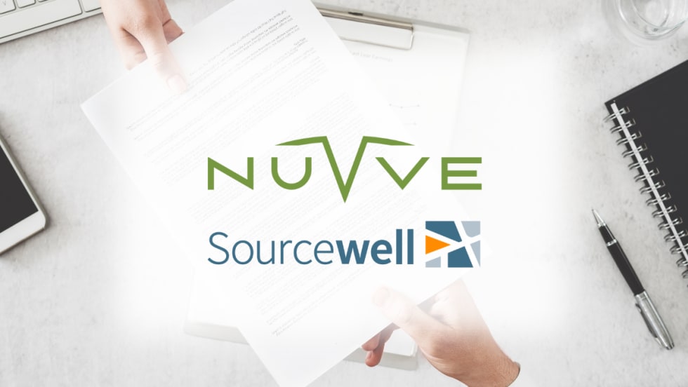 Logos of Nuvve and Sourcewell over a background of hands exchanging a contract, symbolizing their new partnership to support public fleet electrification.