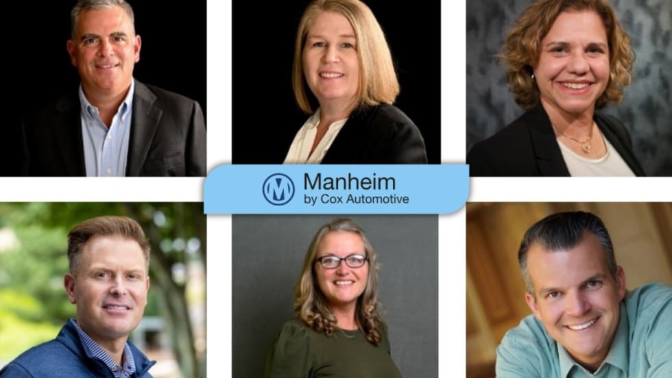 Six newly appointed Manheim general managers, each in professional headshots, representing new leadership across U.S. auction locations under Cox Automotive.