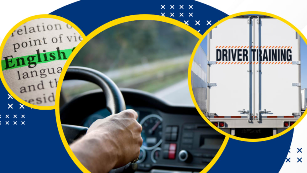 Illustration of truck driver behind the wheel, driver training truck