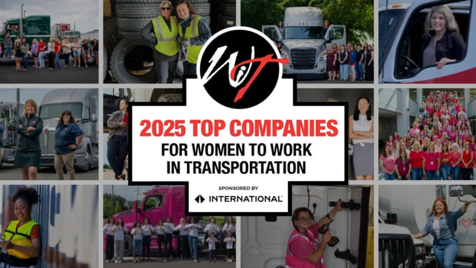 Collage of women working in trucking and logistics surrounding the Women In Trucking 2025 Top Companies for Women to Work in Transportation logo, sponsored by International.