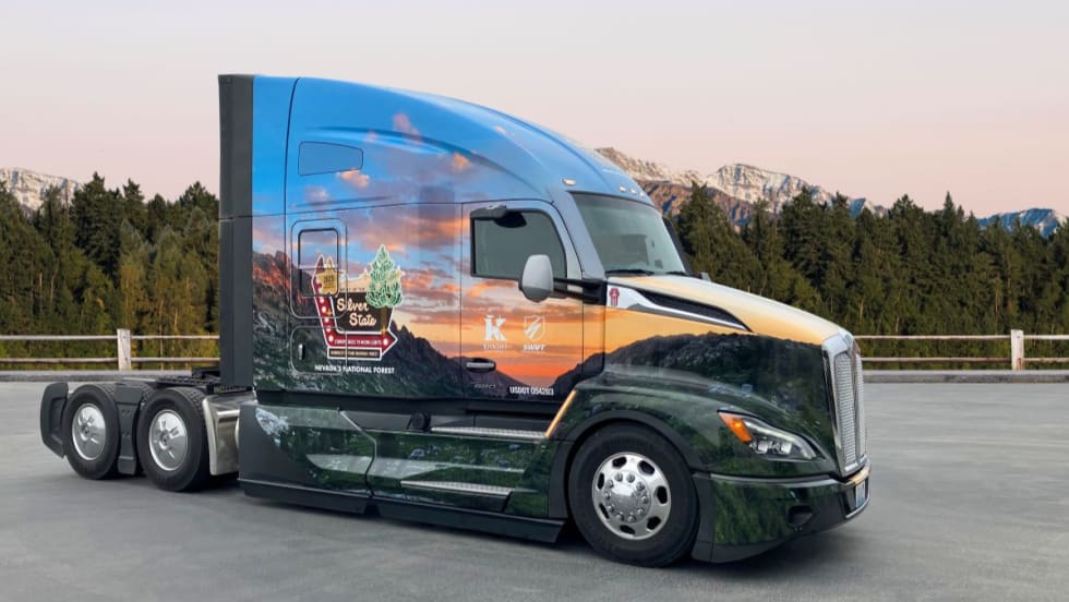 Kenworth T680 with a “Spirit of the Silver State” wrap for the 2025 U.S. Capitol Christmas Tree tour.