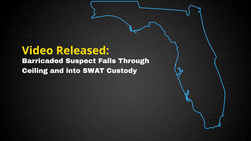 Black background with blue graphic outline of state of Florida and headline Video Released: barricaded Suspect Falls Through Ceiling and Into SWAT Custody.