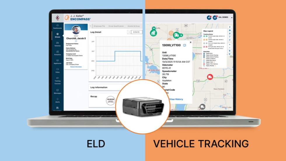 J.J. Keller Encompass dashboard showing ELD logs and vehicle tracking map with VT100 telematics device.