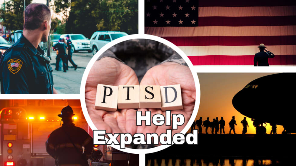 center circle image of PTSD Help Expanded surrounded by military and first responder images