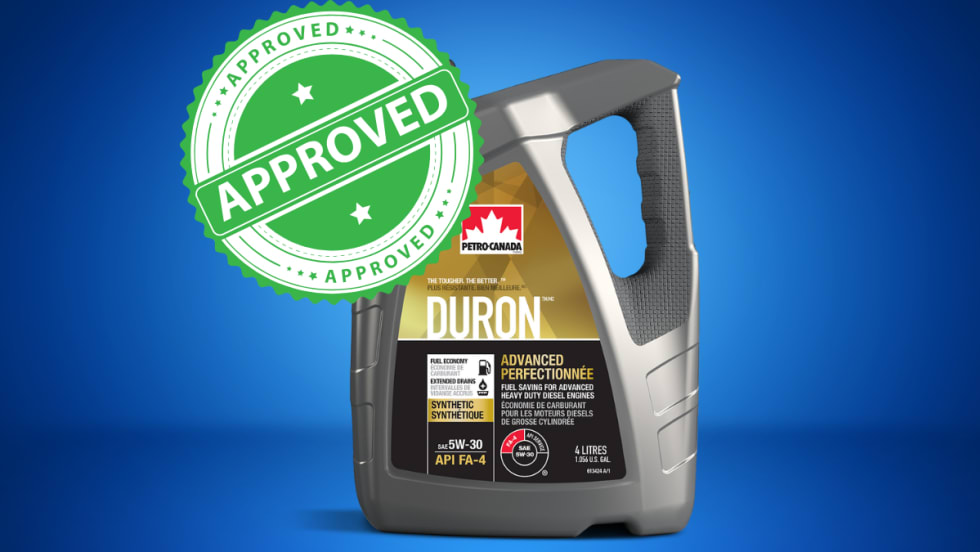 Image of a Petro-Canada Lubricants Duron Advanced 5W-30 container with an “Approved” stamp, highlighting its new Volvo and Mack engine approvals.