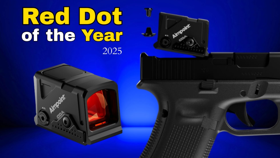 blue background with image of a red dot sight and also second image of the red dot on a handgun lower right