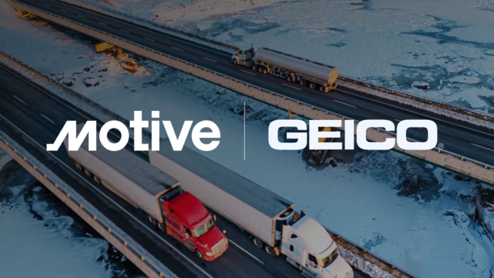 Aerial view of two semi-trucks on snowy highways with Motive and GEICO logos overlaid, representing a new safety and insurance partnership for commercial fleets.