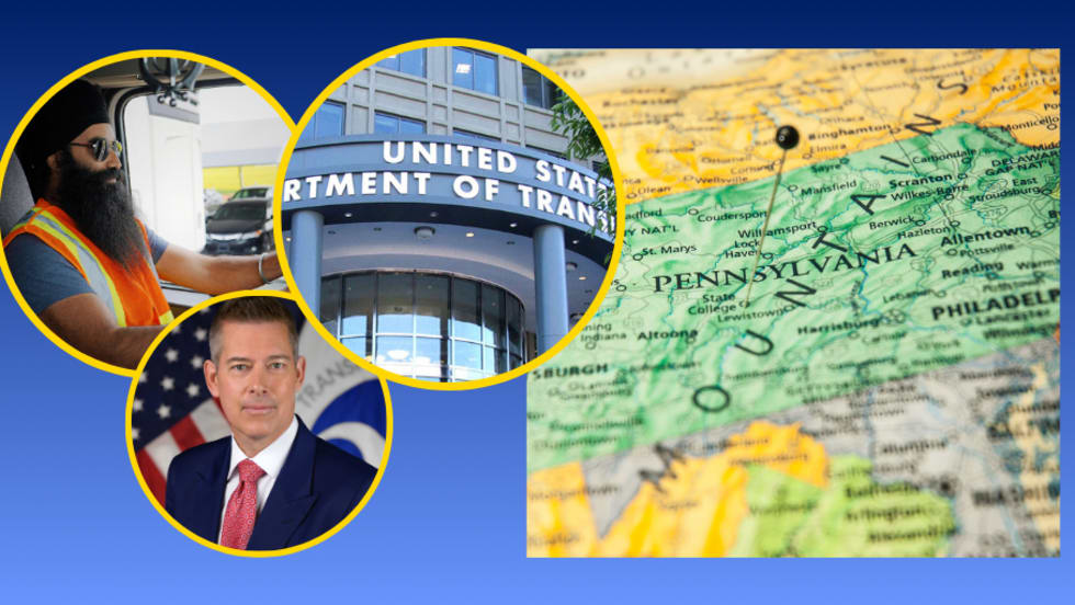 Graphic with Pennsylvania map and photos of a Sikh truck driver, DOT headquarters, and Transportation Secretary Sean Duffy