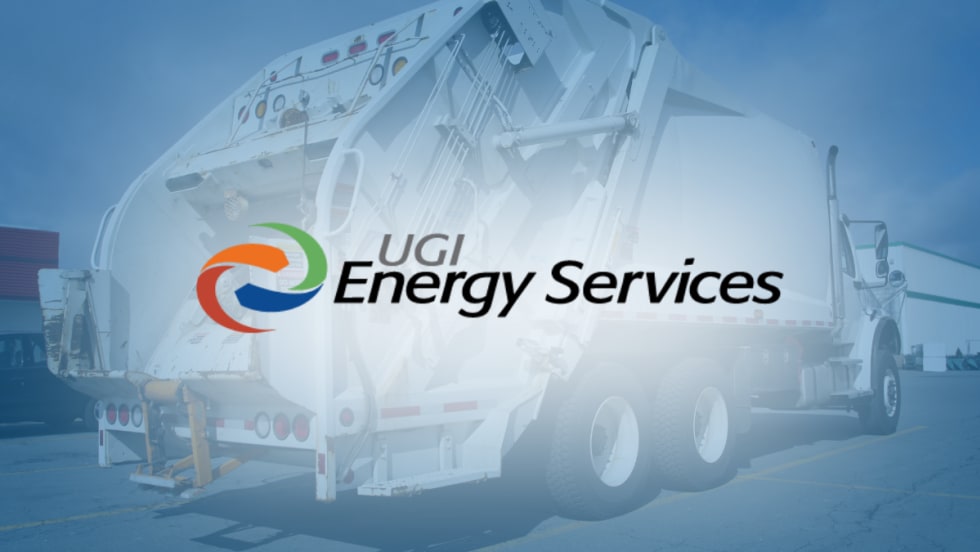 UGI Energy Services logo over an image of a CNG trash compactor truck, representing Philadelphia’s move to fuel refuse vehicles with renewable natural gas.