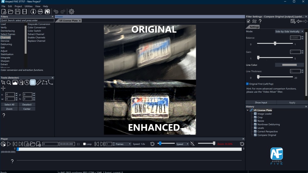 Screenshot of compute screen showing a blurred license plate compared to an image where the image has been enhanced to show the numbers and letters.