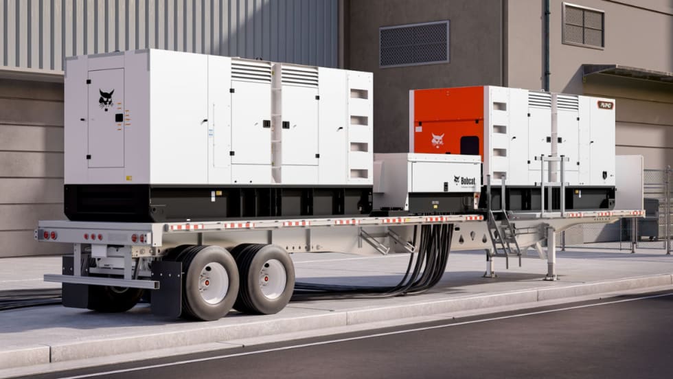 Bobcat PG1140 portable generator on a trailer, featuring dual generator units and heavy-duty power cabling for fleet and worksite power needs.