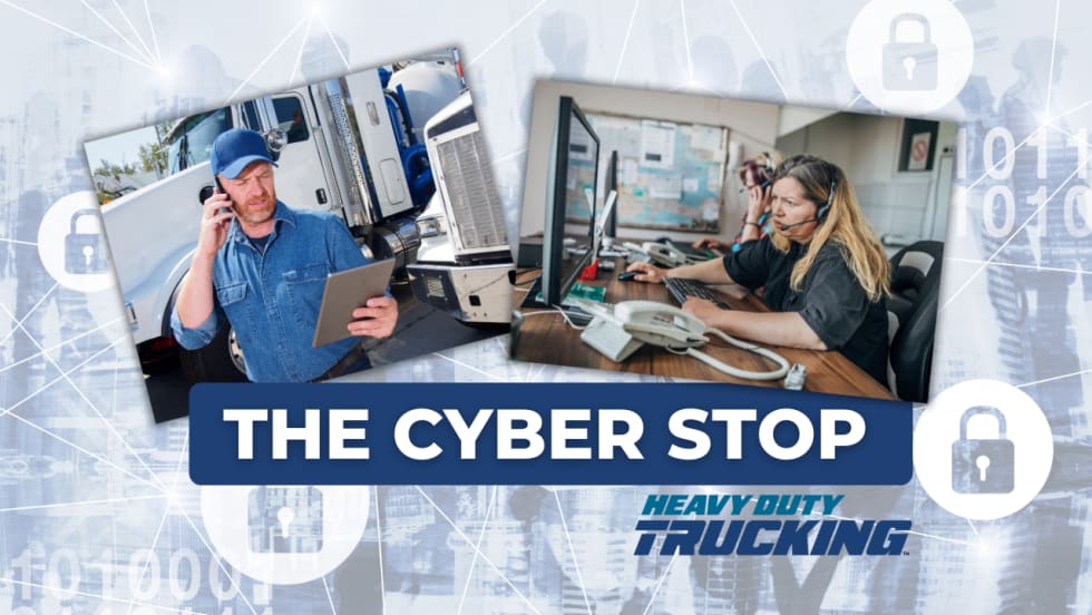 Truck driver on tablet, dispatchers on computer, with cybersecurity background