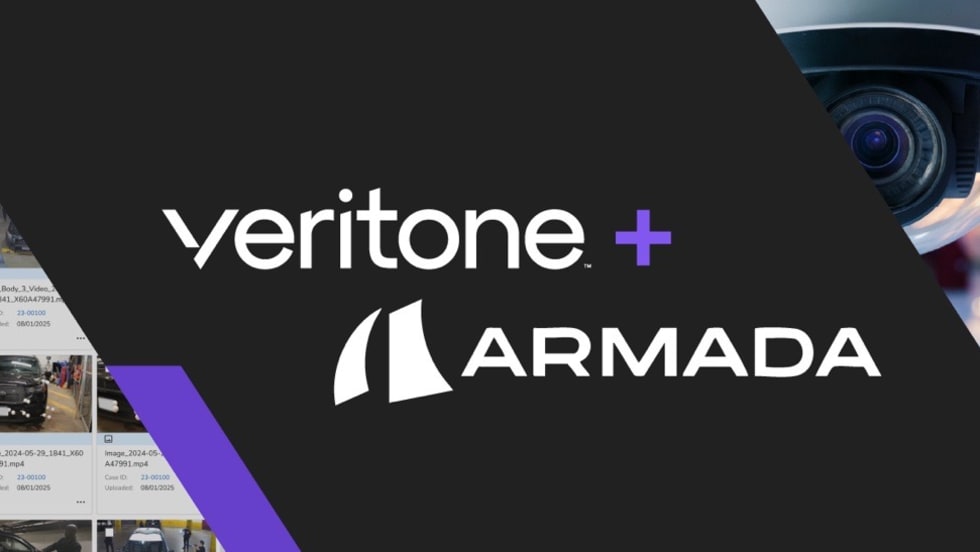 Black and purple background with logos for Veritone and Armada