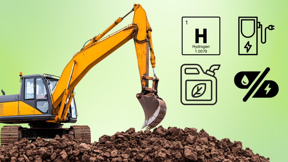 Yellow excavator digging in a dirt pile beside icons representing hydrogen, electric charging, renewable fuel and hybrid energy.