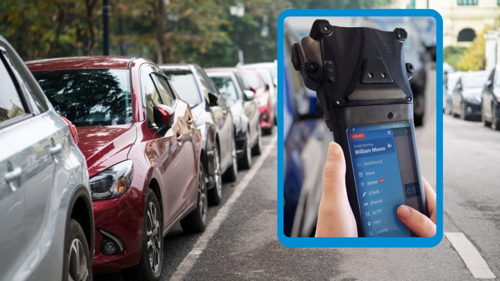 background image of parked cars and inset image of a handheld device used to electronically issue parking tickets.