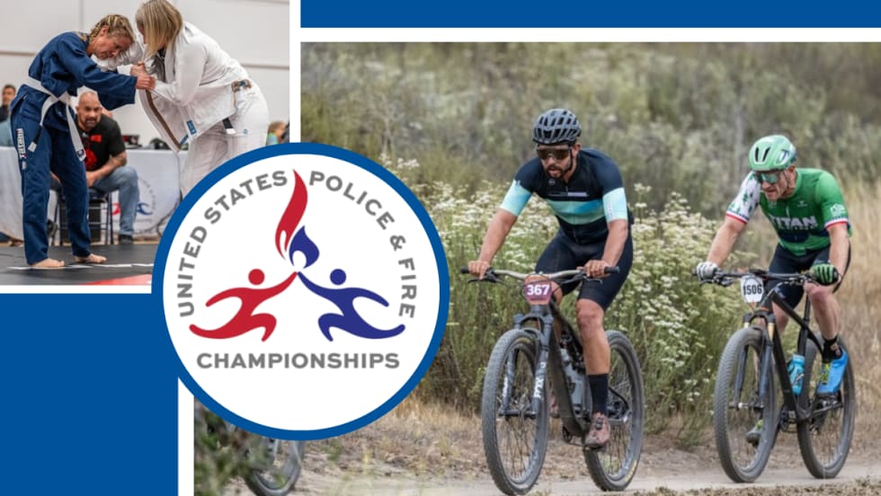 image of men on bicycles and women competing in martial arts and a log for the US Police & Fire Championships