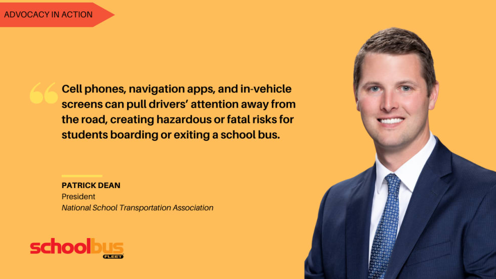 Quote graphic featuring Patrick Dean of NSTA with a message about driver distraction risks near school buses.