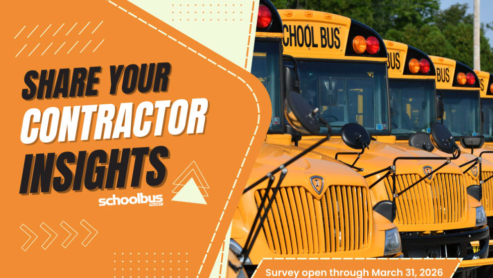  a row of school buses with text next to it in an orange box that says "Share your contractor insights" and the school bus fleet logo