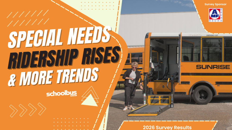 Graphic showing a school bus with a wheelchair lift deployed and the headline “Special Needs Ridership Rises & More Trends,” highlighting 2026 School Bus Fleet special-needs survey results.