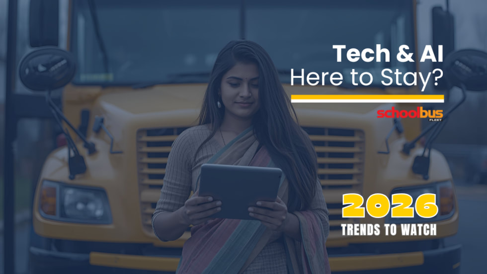 a woman stands in front of a school bus holding a tablet
