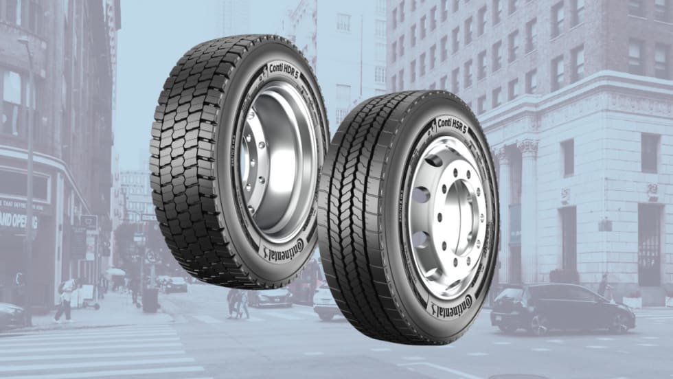 Illustration of new Continental truck tires with urban background