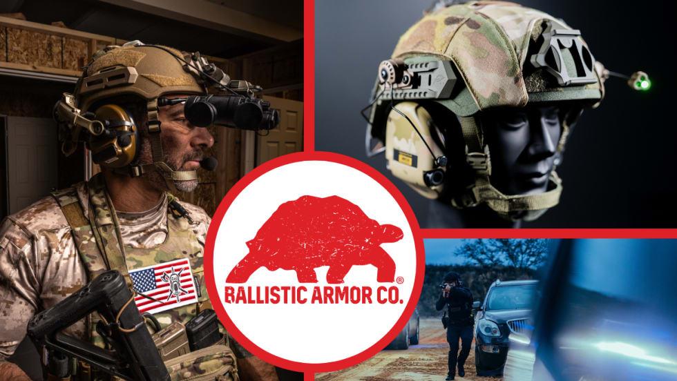 three background images - man in tactical gear, image of ballistic helmet, photo of police officer in tactical gear approaching a car, and a circle with logo for Ballistic Armor Co.