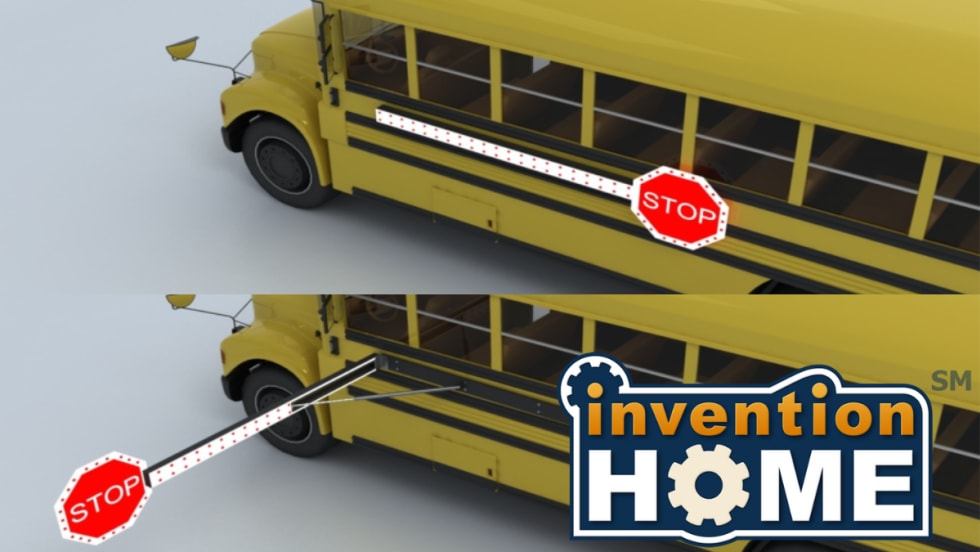 Illustration showing a school bus with a standard stop arm and a deployed retractable safety barrier extending across the roadway to block passing vehicles.