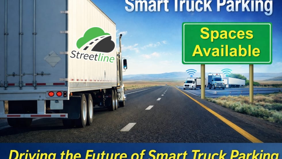 Graphic showing smart truck parking technology with a highway sign reading “Spaces Available” and the Streetline logo.