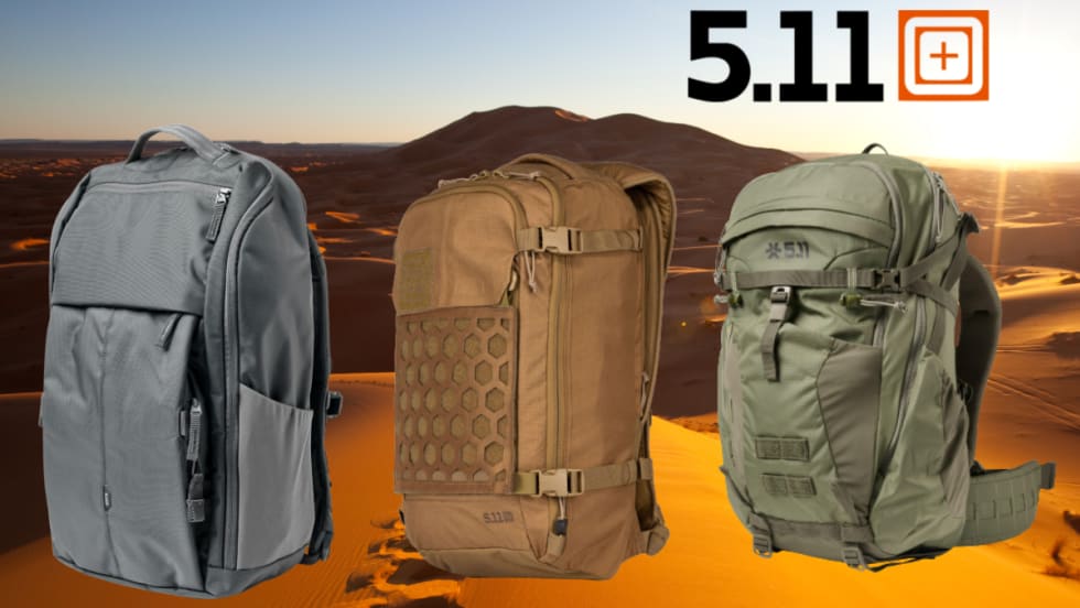 Three tactical backpacks set against a desert background with an inset logo for 5.11.