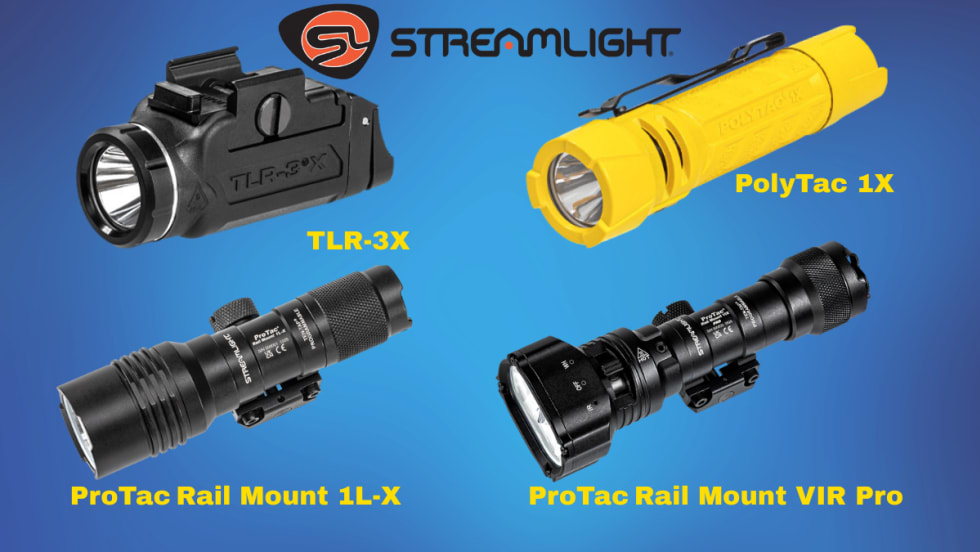 Blue background with Streamlight logo at top and inset images of one handgun light, two rifle lights, and one handheld light.