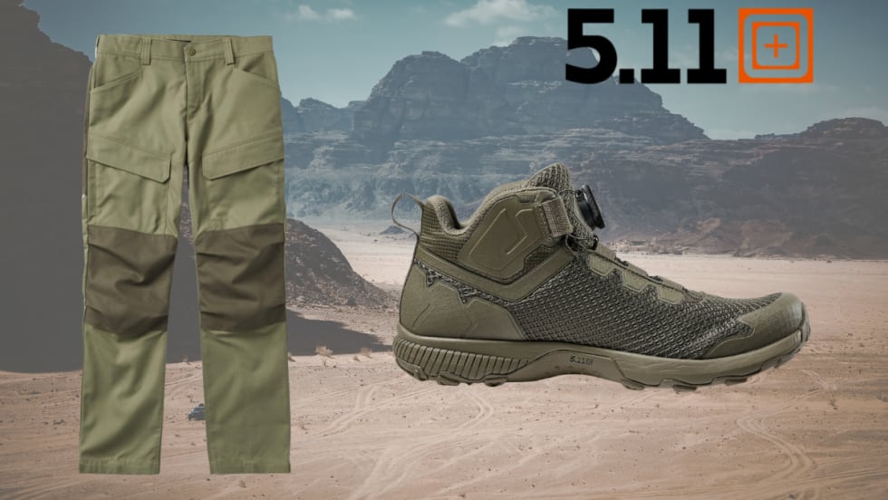 backgroudn image of desert with inset 5.11 logo and images of pant and boot.