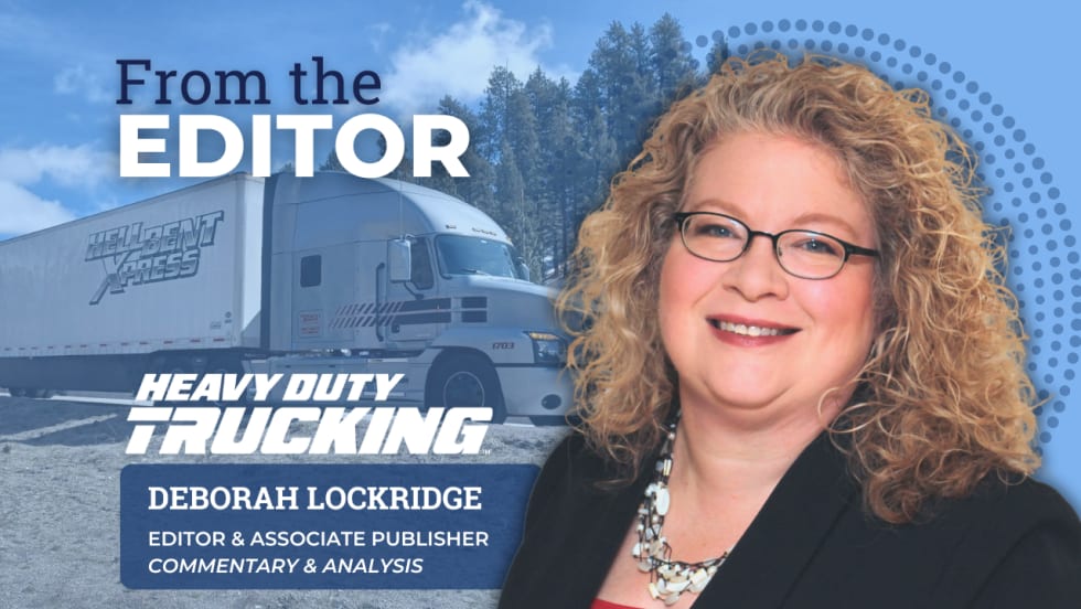 Column graphic illustration with Deborah Lockridge head shot and a small fleet truck in the background