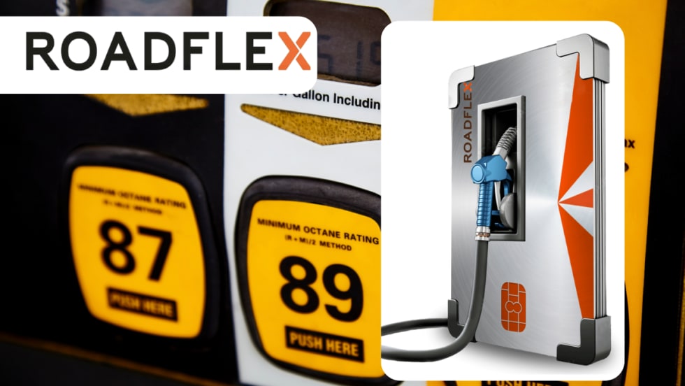 Background image of fuel pumps with inset logo for RoadFlex and a fuel card.