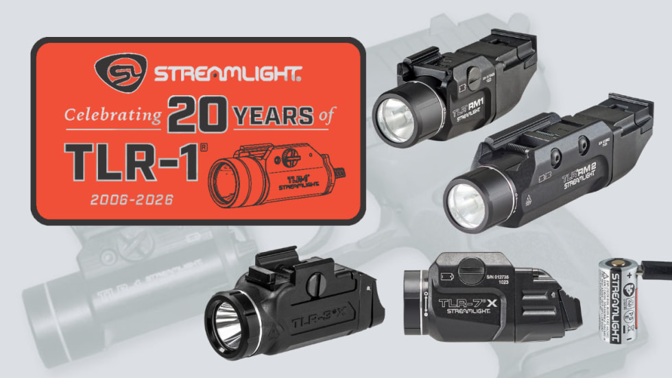 faint background image of handgun and weapons light with inset photos for Streamlight 20th anniversary of TLR and multiple images of various TLR weapon lights.