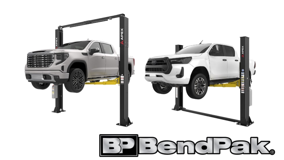 Pickup trucks raised on APEX two-post vehicle lifts inside a studio setting.