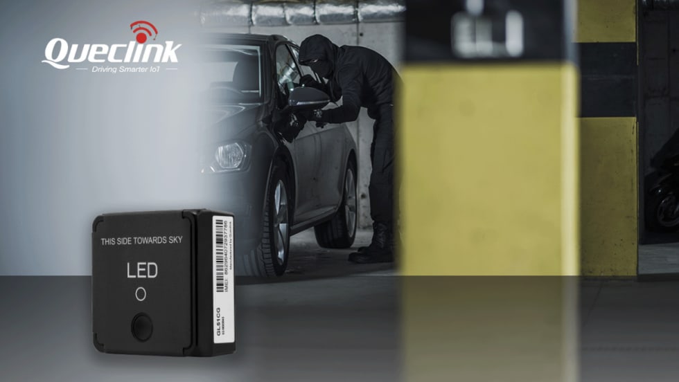 Queclink GL51CG battery-powered backup vehicle tracker shown alongside an image representing vehicle theft and recovery monitoring.