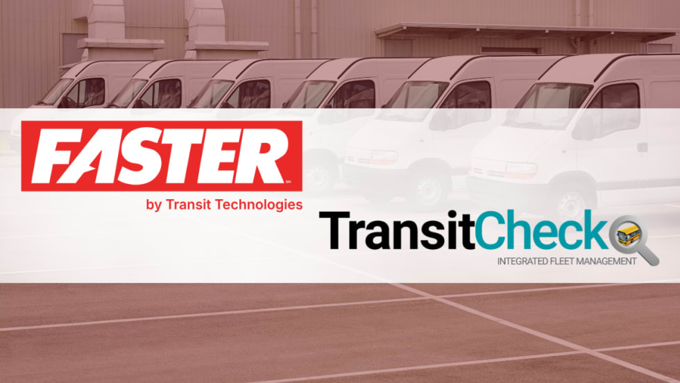 Faster and TransitCheck logos over a background of parked fleet vans, representing the integration of inspection and maintenance management systems.