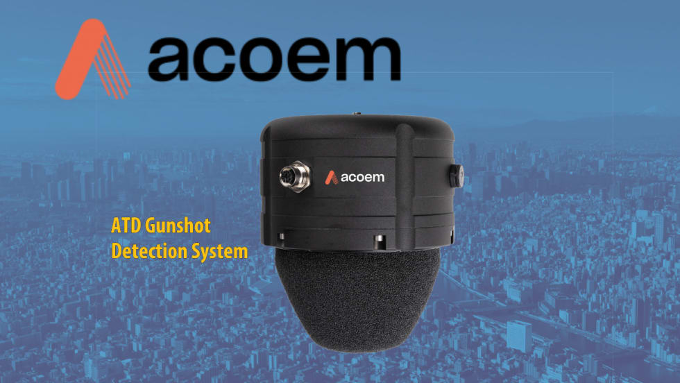 Back small device with headline ATD Gunshot Detection System and a logo for Acoem set against a tinted blue background image of a large city.