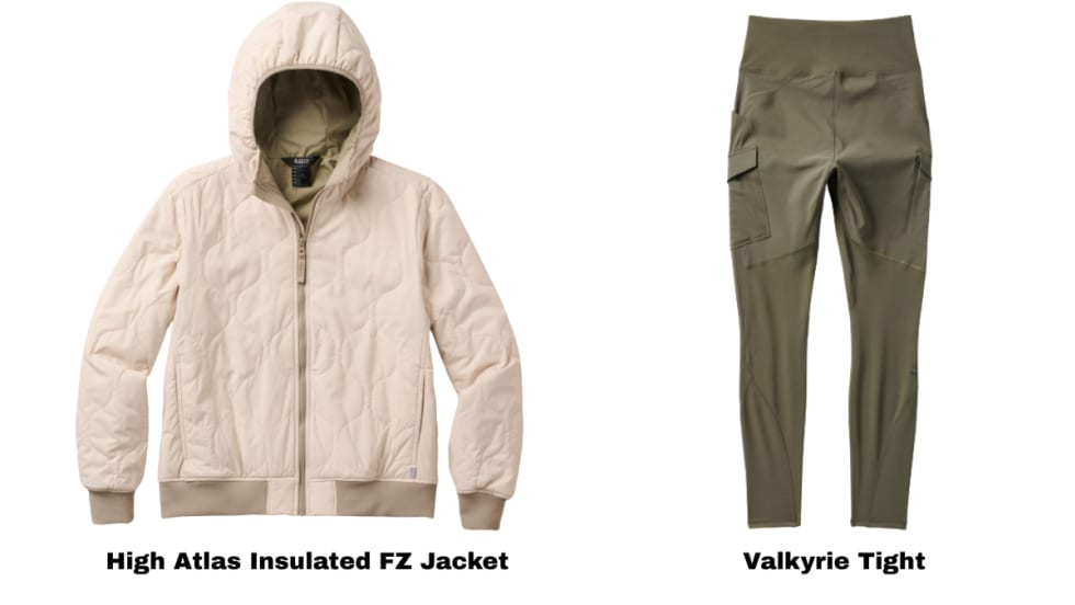 Image of a women's heavy coat at right, and women's tights at right, against a white background.