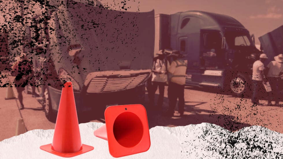 Illustration of driver students around trucks with distressed graphic elements and safety cones