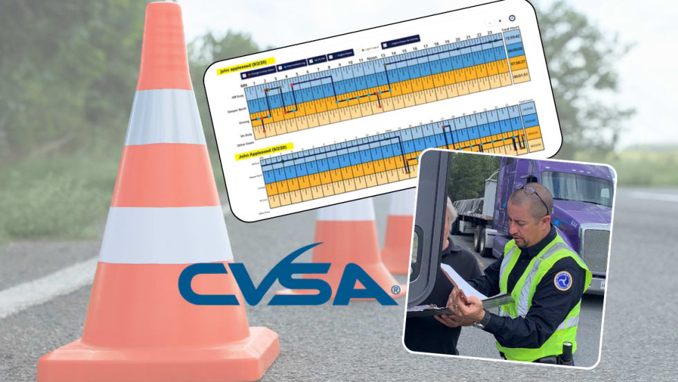 Illustration with safety cones, false logbooks, CVSA logo