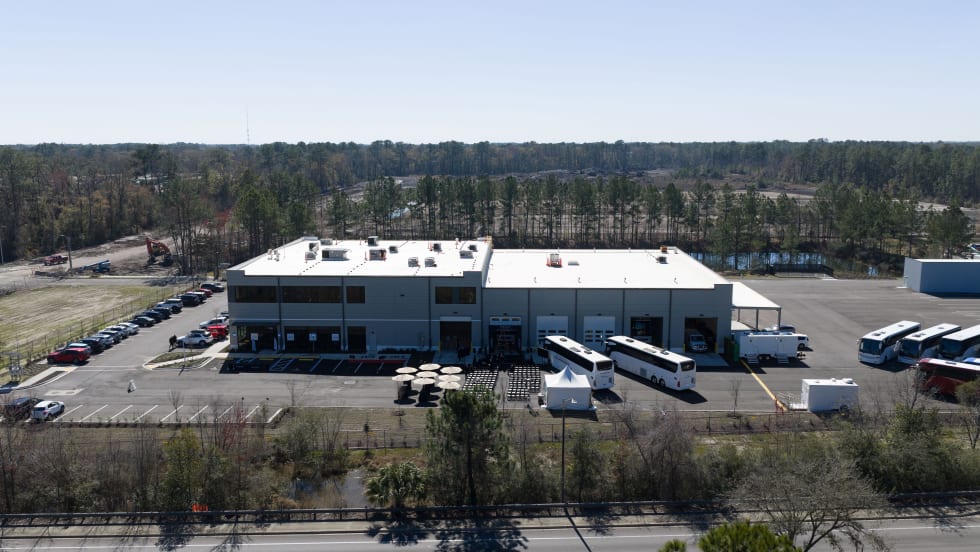 An overhead shot of Daimler Coaches North America's Jacksonville headquarters.
