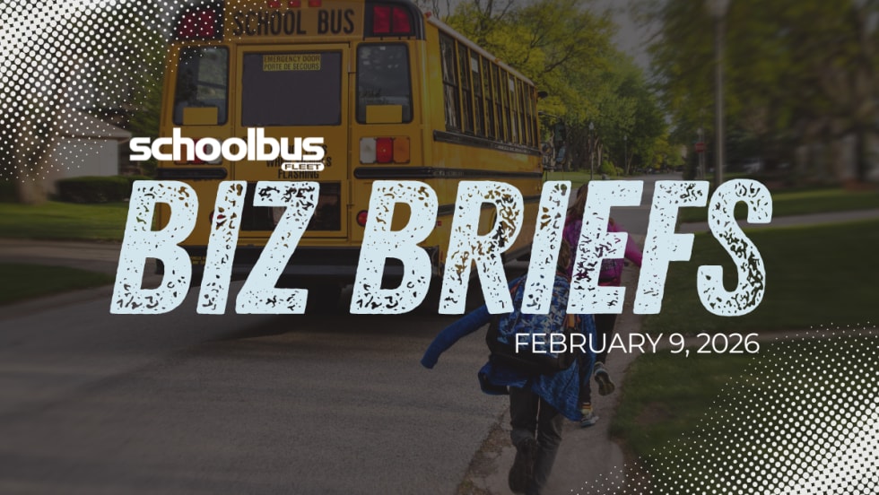 Children run toward a stopped yellow school bus on a residential street as a graphic overlay reads “School Bus Fleet Biz Briefs” with the date February 9, 2026, promoting an industry business news roundup.