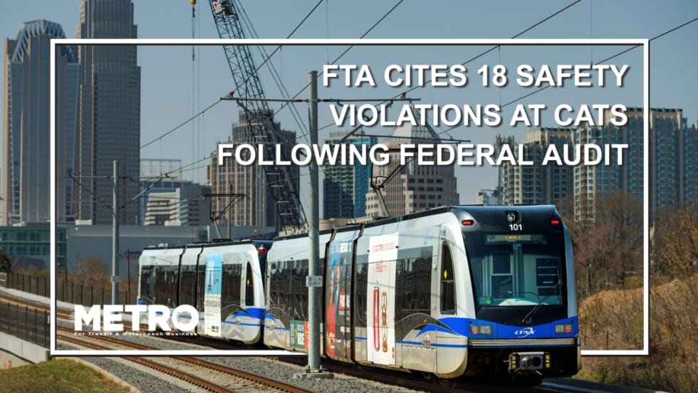 A graphic with an image of the CATS Blue Line and text reading "FTA Cites 18 Safety Violations at CATS Following Federal Audit."
