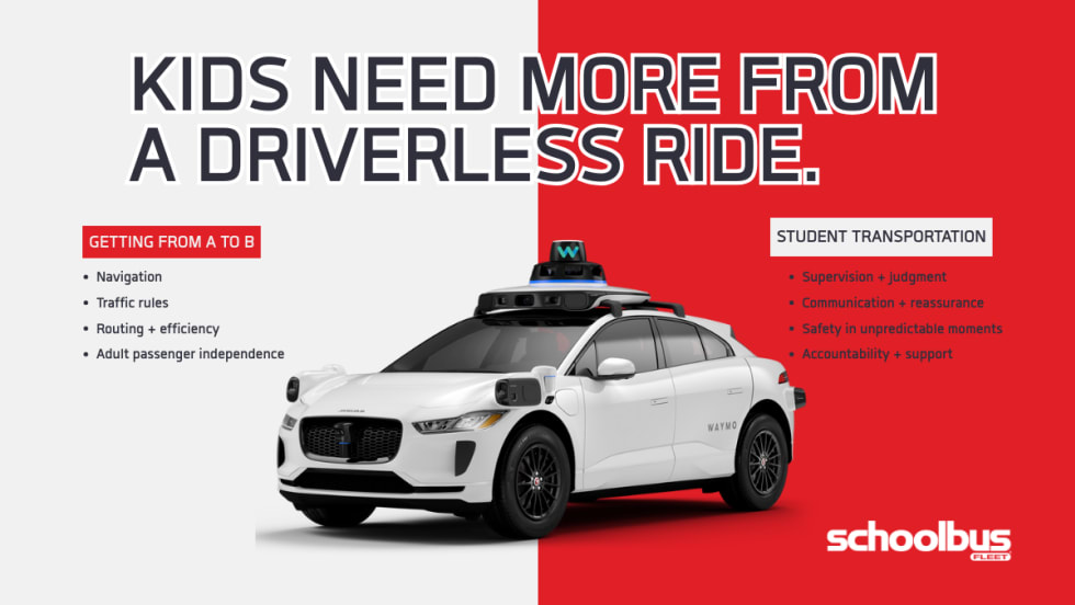 Kids need more from a driverless ride graphic comparing “Getting from A to B” vs “Student Transportation,” with a Waymo-style autonomous car image and School Bus Fleet logo.
