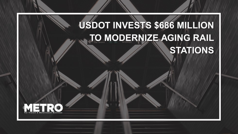 Stairs in a New York rail station with text reading "USDOT Invests $686 Million to Modernize Aging Rail Stations."