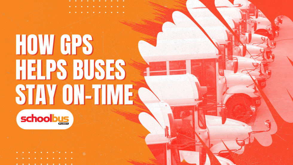 An orange, white, and red graphic with an image of buses lined up in white/red duotone and text reading "How GPS Helps Buses Stay On-Time."