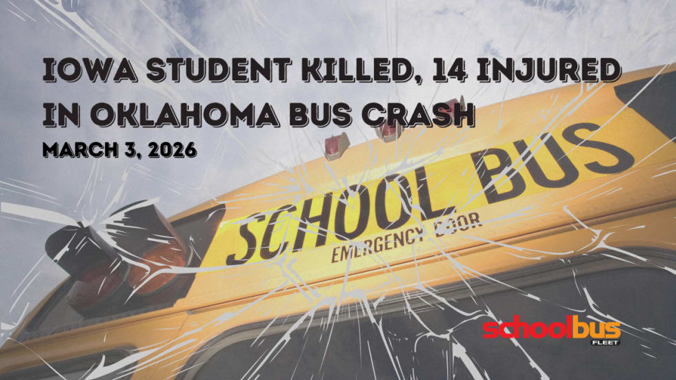 A school bus graphic with text reading "Iowa Student Killed, 14 Injured in Oklahoma Bus Crash."