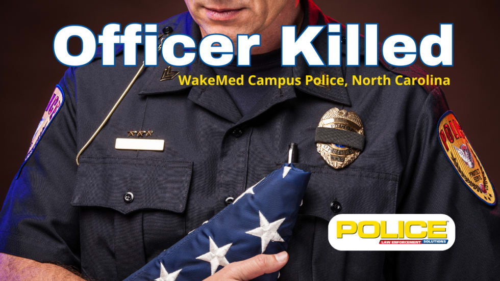 police officer holding a folded flag and headline for Officer Killed