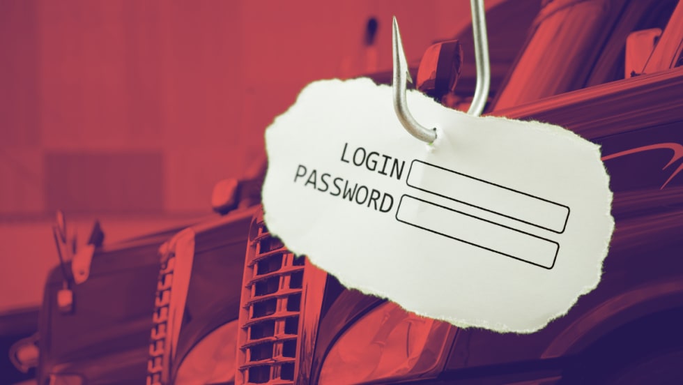 Illustration of phishing email with trucks in background
